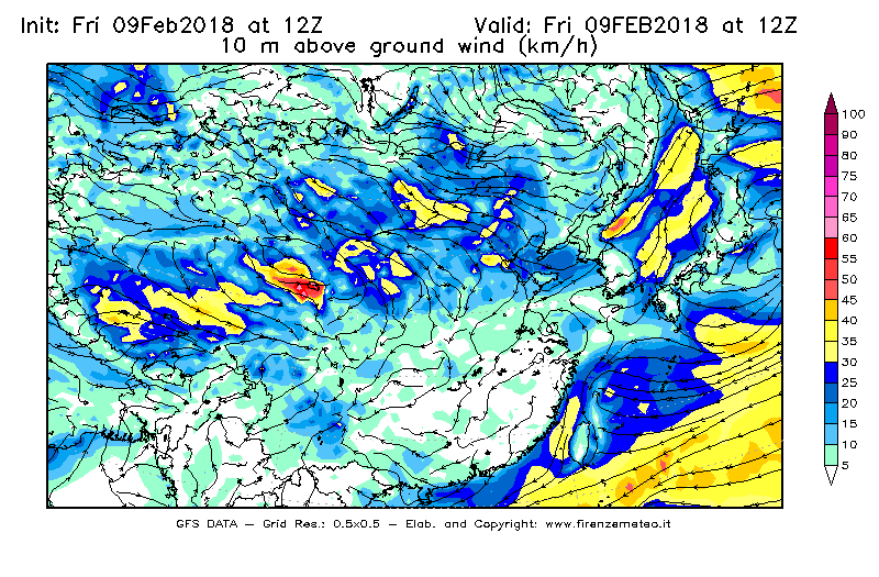 Mappa di analisi GFS - Velocità del vento a 10 metri dal suolo [km/h] in Asia Orientale
							del 09/02/2018 12 <!--googleoff: index-->UTC<!--googleon: index-->