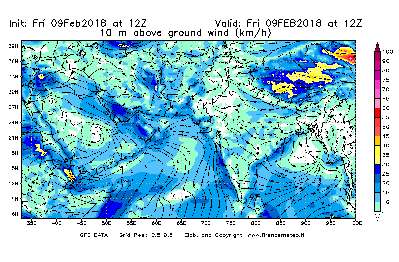 Mappa di analisi GFS - Velocità del vento a 10 metri dal suolo [km/h] in Asia Sud-Occidentale
							del 09/02/2018 12 <!--googleoff: index-->UTC<!--googleon: index-->