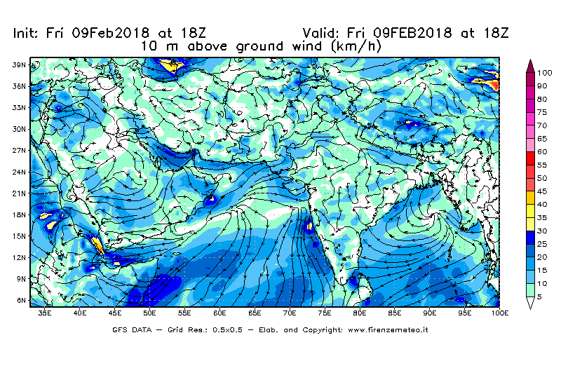 Mappa di analisi GFS - Velocità del vento a 10 metri dal suolo [km/h] in Asia Sud-Occidentale
							del 09/02/2018 18 <!--googleoff: index-->UTC<!--googleon: index-->