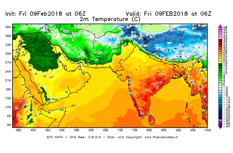 Mappa di analisi GFS - Temperatura a 2 metri dal suolo [°C] in Asia Sud-Occidentale
							del 09/02/2018 06 <!--googleoff: index-->UTC<!--googleon: index-->