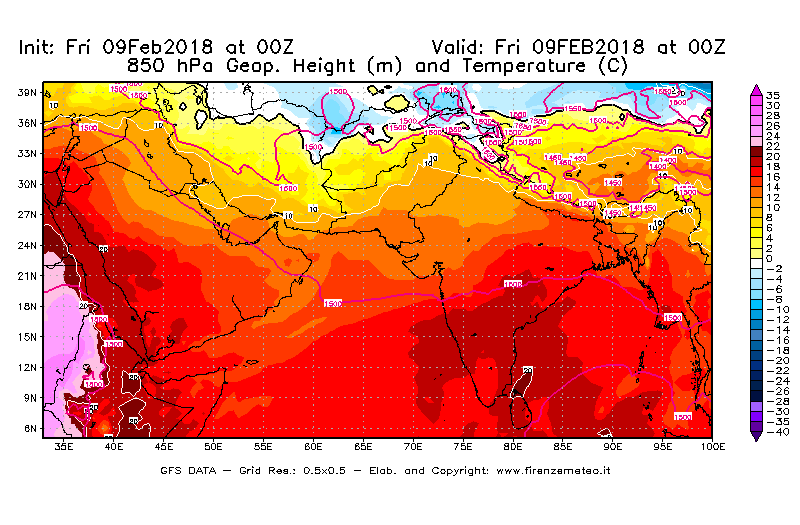 Mappa di analisi GFS - Geopotenziale [m] e Temperatura [°C] a 850 hPa in Asia Sud-Occidentale
							del 09/02/2018 00 <!--googleoff: index-->UTC<!--googleon: index-->