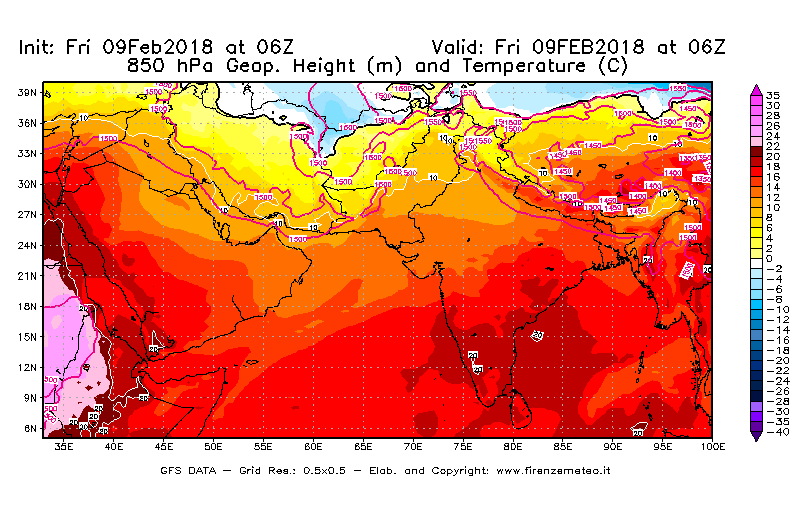 Mappa di analisi GFS - Geopotenziale [m] e Temperatura [°C] a 850 hPa in Asia Sud-Occidentale
							del 09/02/2018 06 <!--googleoff: index-->UTC<!--googleon: index-->