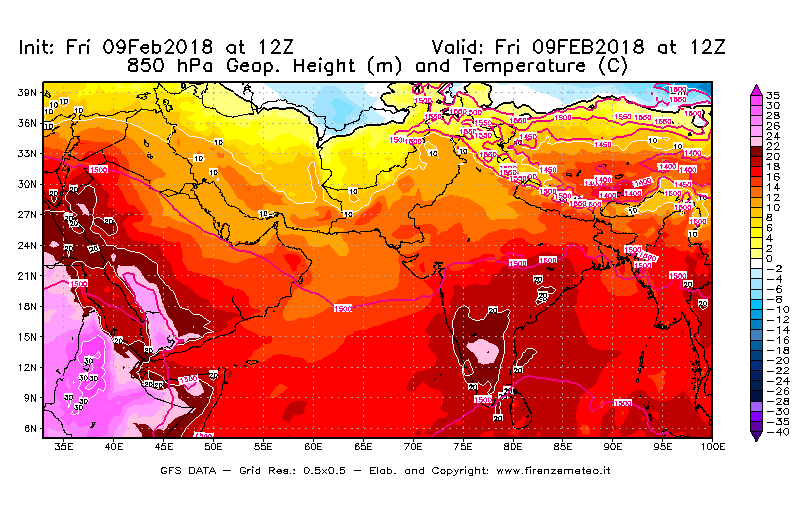 Mappa di analisi GFS - Geopotenziale [m] e Temperatura [°C] a 850 hPa in Asia Sud-Occidentale
							del 09/02/2018 12 <!--googleoff: index-->UTC<!--googleon: index-->