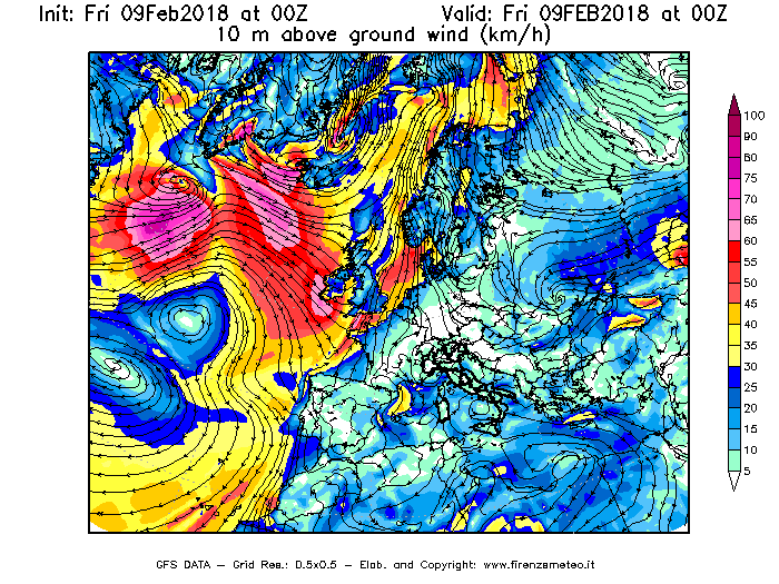 Mappa di analisi GFS - Velocità del vento a 10 metri dal suolo [km/h] in Europa
							del 09/02/2018 00 <!--googleoff: index-->UTC<!--googleon: index-->