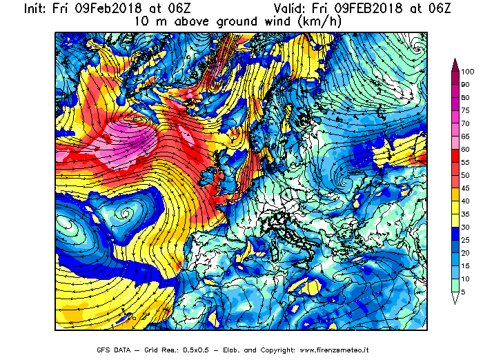 Mappa di analisi GFS - Velocità del vento a 10 metri dal suolo [km/h] in Europa
							del 09/02/2018 06 <!--googleoff: index-->UTC<!--googleon: index-->