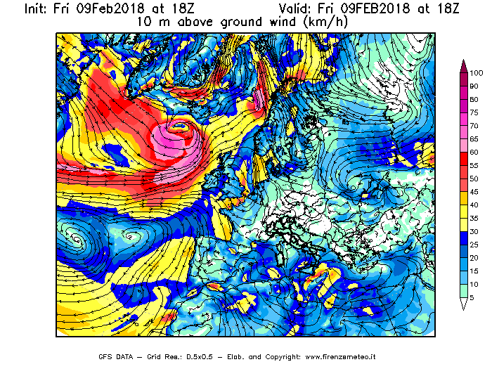 Mappa di analisi GFS - Velocità del vento a 10 metri dal suolo [km/h] in Europa
							del 09/02/2018 18 <!--googleoff: index-->UTC<!--googleon: index-->