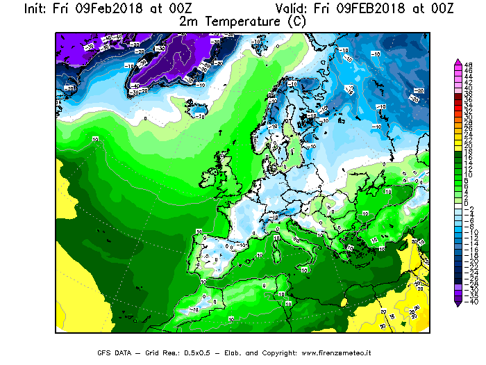 Mappa di analisi GFS - Temperatura a 2 metri dal suolo [°C] in Europa
							del 09/02/2018 00 <!--googleoff: index-->UTC<!--googleon: index-->