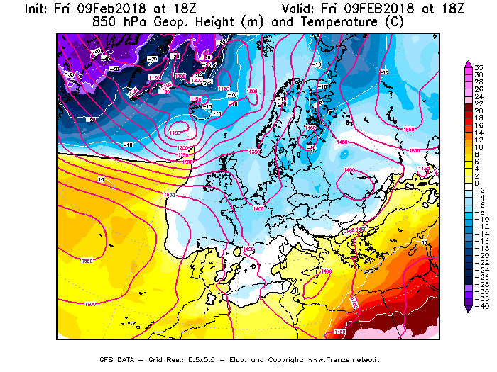 Mappa di analisi GFS - Geopotenziale [m] e Temperatura [°C] a 850 hPa in Europa
							del 09/02/2018 18 <!--googleoff: index-->UTC<!--googleon: index-->