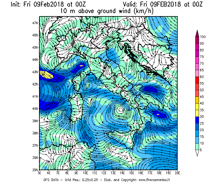 Mappa di analisi GFS - Velocità del vento a 10 metri dal suolo [km/h] in Italia
							del 09/02/2018 00 <!--googleoff: index-->UTC<!--googleon: index-->