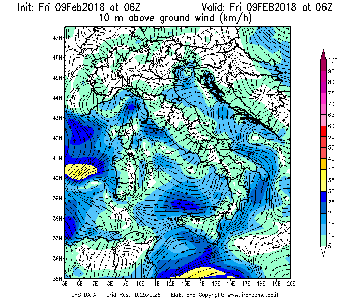 Mappa di analisi GFS - Velocità del vento a 10 metri dal suolo [km/h] in Italia
							del 09/02/2018 06 <!--googleoff: index-->UTC<!--googleon: index-->