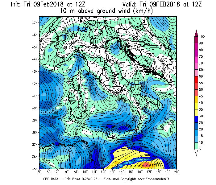 Mappa di analisi GFS - Velocità del vento a 10 metri dal suolo [km/h] in Italia
							del 09/02/2018 12 <!--googleoff: index-->UTC<!--googleon: index-->
