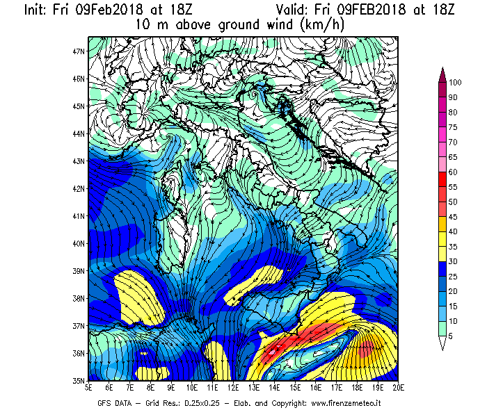 Mappa di analisi GFS - Velocità del vento a 10 metri dal suolo [km/h] in Italia
							del 09/02/2018 18 <!--googleoff: index-->UTC<!--googleon: index-->