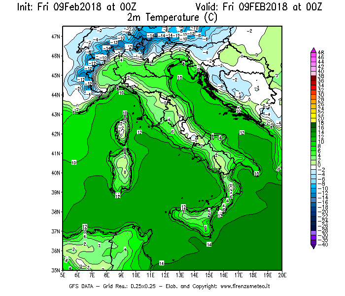 Mappa di analisi GFS - Temperatura a 2 metri dal suolo [°C] in Italia
							del 09/02/2018 00 <!--googleoff: index-->UTC<!--googleon: index-->