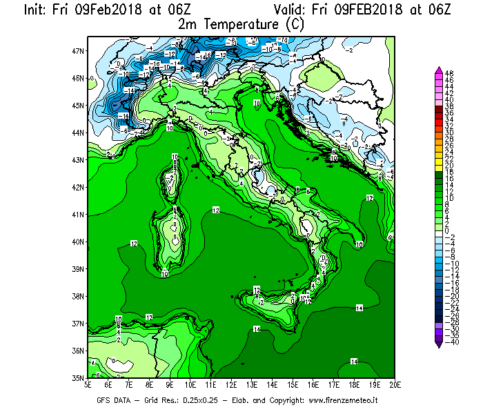 Mappa di analisi GFS - Temperatura a 2 metri dal suolo [°C] in Italia
							del 09/02/2018 06 <!--googleoff: index-->UTC<!--googleon: index-->