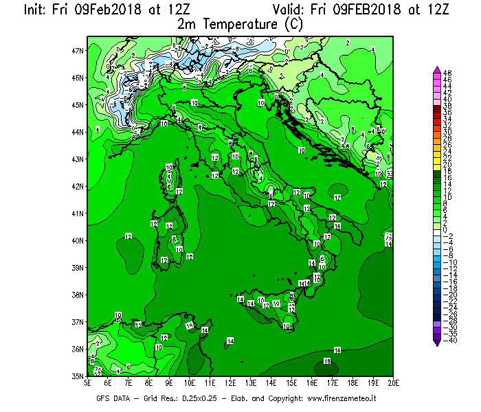 Mappa di analisi GFS - Temperatura a 2 metri dal suolo [°C] in Italia
							del 09/02/2018 12 <!--googleoff: index-->UTC<!--googleon: index-->