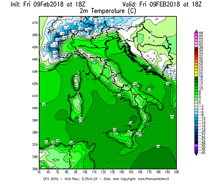 Mappa di analisi GFS - Temperatura a 2 metri dal suolo [°C] in Italia
							del 09/02/2018 18 <!--googleoff: index-->UTC<!--googleon: index-->