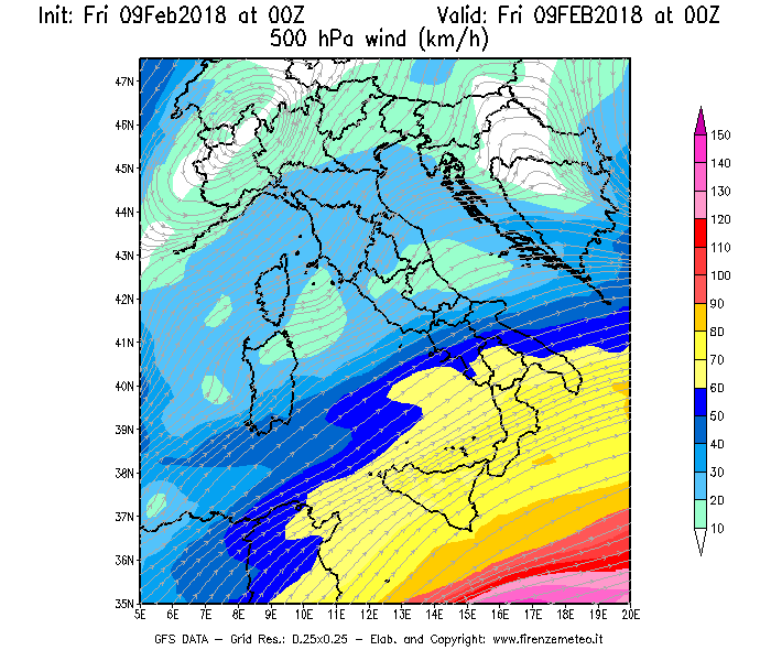 Mappa di analisi GFS - Velocità del vento a 500 hPa [km/h] in Italia
							del 09/02/2018 00 <!--googleoff: index-->UTC<!--googleon: index-->