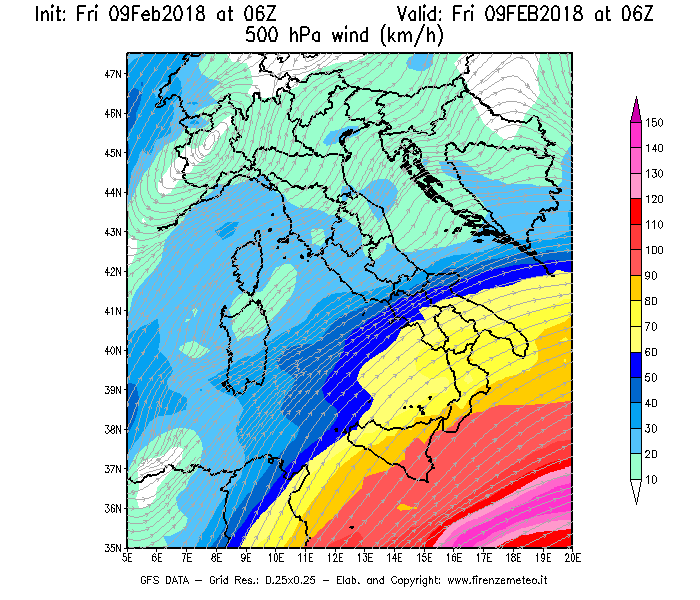Mappa di analisi GFS - Velocità del vento a 500 hPa [km/h] in Italia
							del 09/02/2018 06 <!--googleoff: index-->UTC<!--googleon: index-->