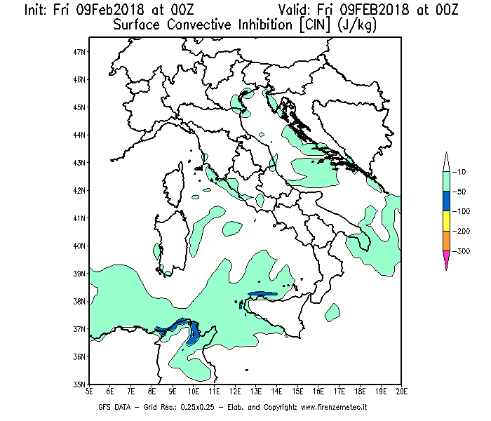 Mappa di analisi GFS - CIN [J/kg] in Italia
							del 09/02/2018 00 <!--googleoff: index-->UTC<!--googleon: index-->