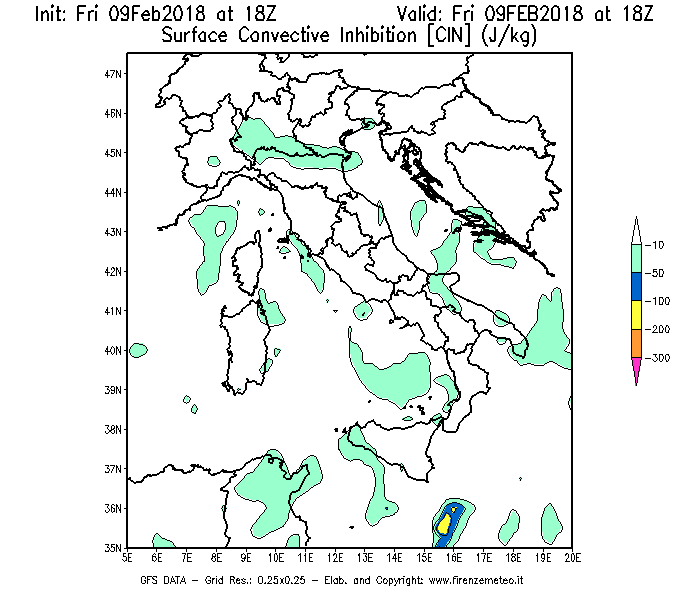 Mappa di analisi GFS - CIN [J/kg] in Italia
							del 09/02/2018 18 <!--googleoff: index-->UTC<!--googleon: index-->