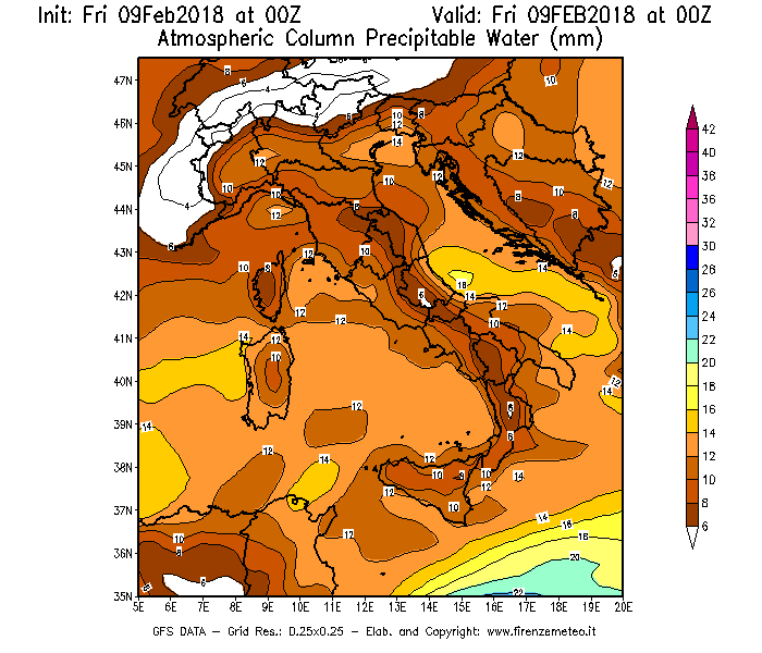 Mappa di analisi GFS - Precipitable Water [mm] in Italia
							del 09/02/2018 00 <!--googleoff: index-->UTC<!--googleon: index-->