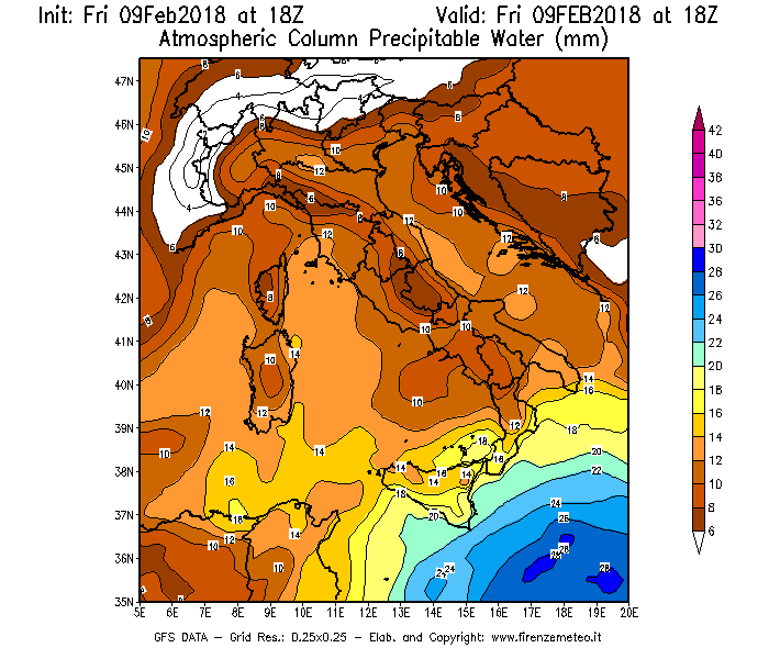 Mappa di analisi GFS - Precipitable Water [mm] in Italia
							del 09/02/2018 18 <!--googleoff: index-->UTC<!--googleon: index-->