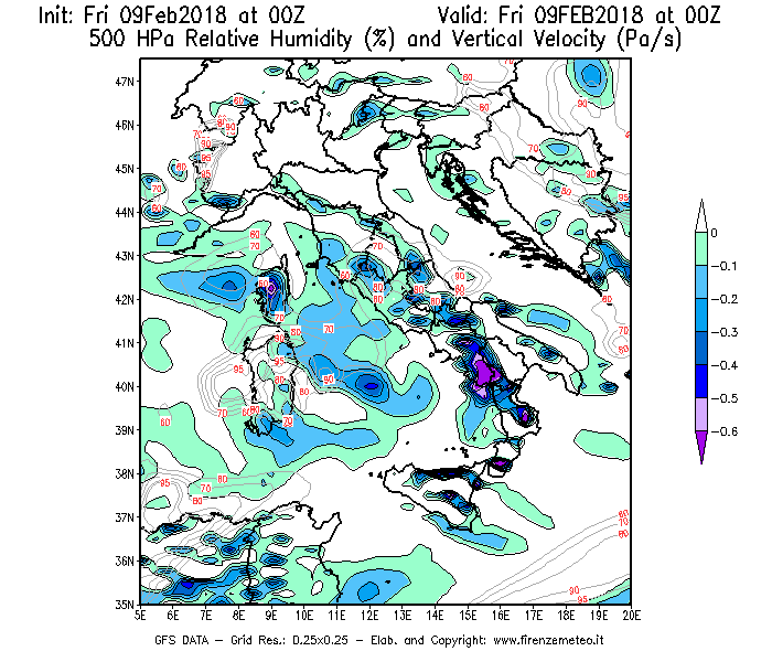 Mappa di analisi GFS - Umidità relativa [%] e Omega [Pa/s] a 500 hPa in Italia
							del 09/02/2018 00 <!--googleoff: index-->UTC<!--googleon: index-->