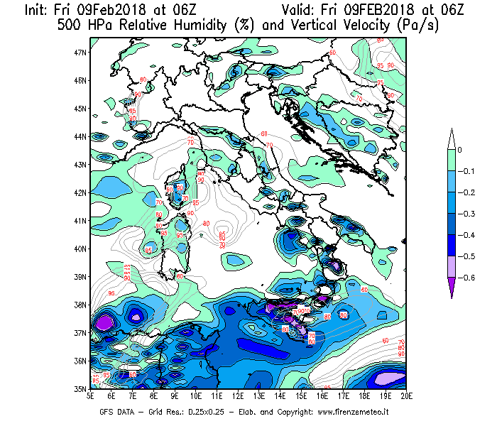 Mappa di analisi GFS - Umidità relativa [%] e Omega [Pa/s] a 500 hPa in Italia
							del 09/02/2018 06 <!--googleoff: index-->UTC<!--googleon: index-->