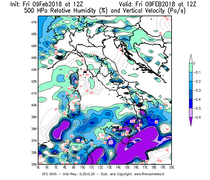 Mappa di analisi GFS - Umidità relativa [%] e Omega [Pa/s] a 500 hPa in Italia
							del 09/02/2018 12 <!--googleoff: index-->UTC<!--googleon: index-->