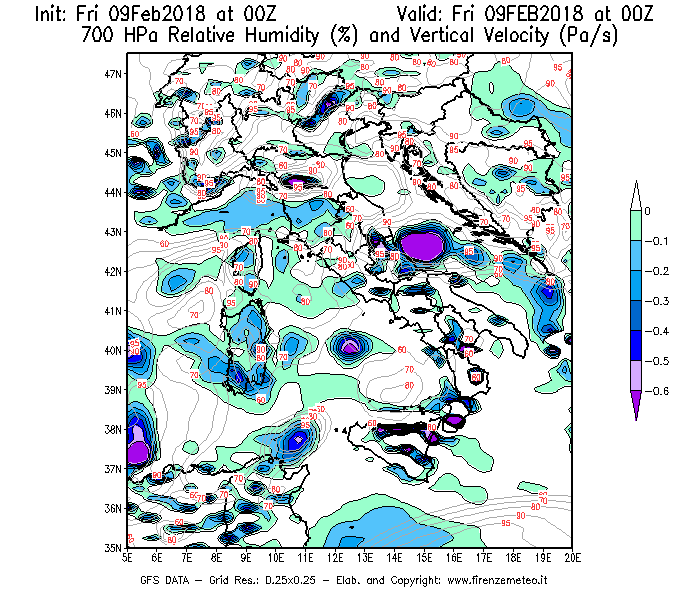 Mappa di analisi GFS - Umidità relativa [%] e Omega [Pa/s] a 700 hPa in Italia
							del 09/02/2018 00 <!--googleoff: index-->UTC<!--googleon: index-->