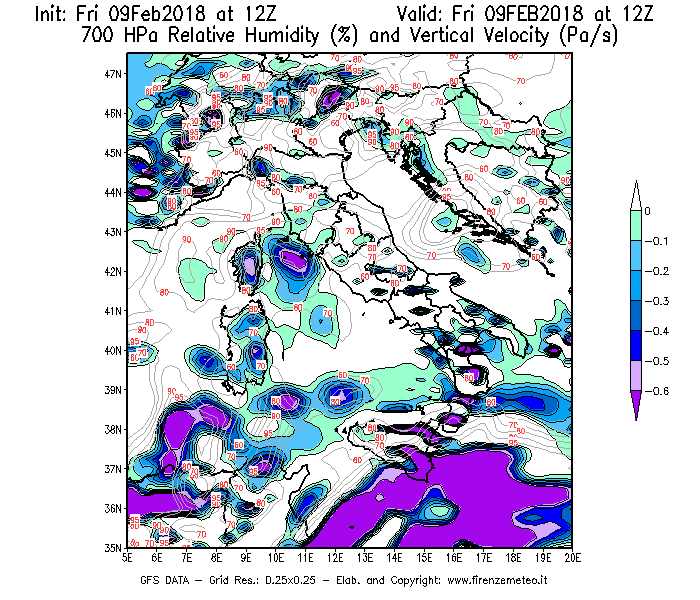 Mappa di analisi GFS - Umidità relativa [%] e Omega [Pa/s] a 700 hPa in Italia
							del 09/02/2018 12 <!--googleoff: index-->UTC<!--googleon: index-->