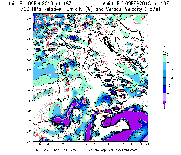 Mappa di analisi GFS - Umidità relativa [%] e Omega [Pa/s] a 700 hPa in Italia
							del 09/02/2018 18 <!--googleoff: index-->UTC<!--googleon: index-->