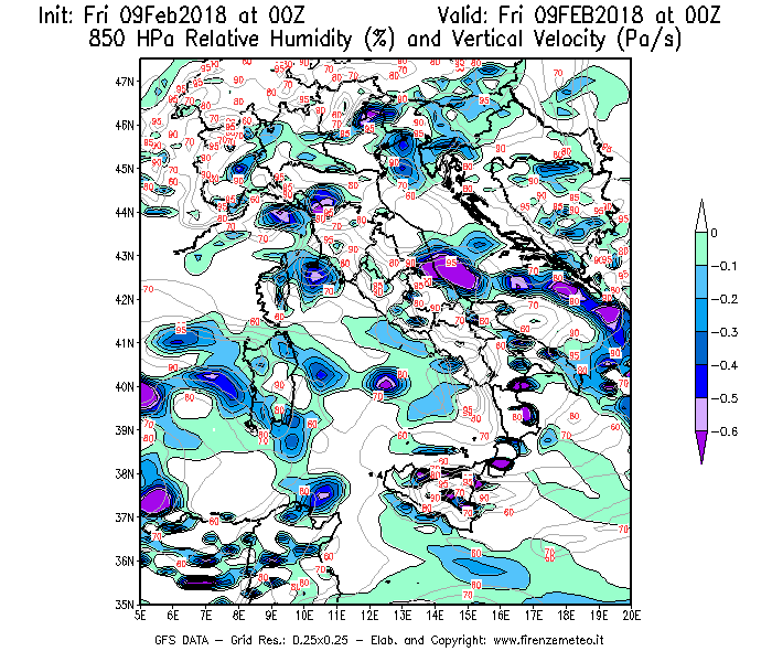 Mappa di analisi GFS - Umidità relativa [%] e Omega [Pa/s] a 850 hPa in Italia
							del 09/02/2018 00 <!--googleoff: index-->UTC<!--googleon: index-->