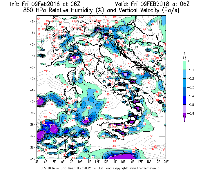 Mappa di analisi GFS - Umidità relativa [%] e Omega [Pa/s] a 850 hPa in Italia
							del 09/02/2018 06 <!--googleoff: index-->UTC<!--googleon: index-->