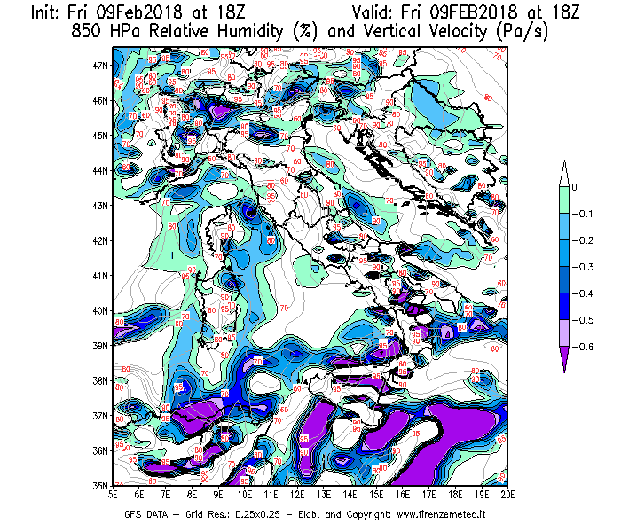 Mappa di analisi GFS - Umidità relativa [%] e Omega [Pa/s] a 850 hPa in Italia
							del 09/02/2018 18 <!--googleoff: index-->UTC<!--googleon: index-->