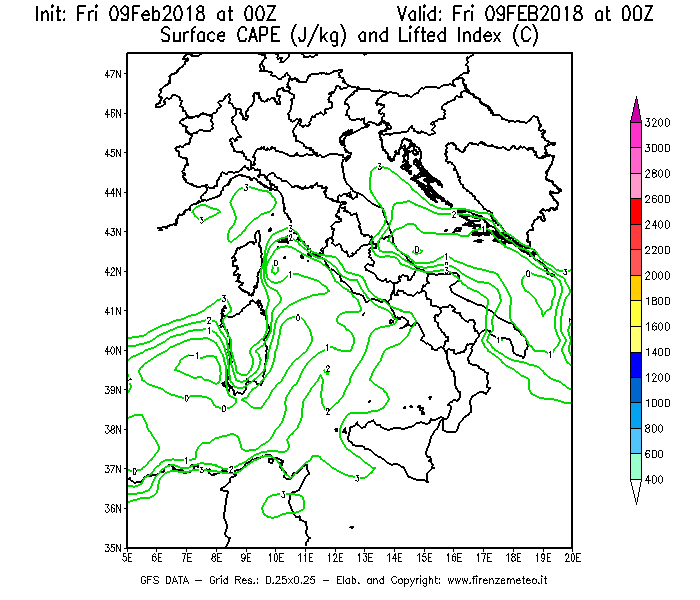 Mappa di analisi GFS - CAPE [J/kg] e Lifted Index [°C] in Italia
							del 09/02/2018 00 <!--googleoff: index-->UTC<!--googleon: index-->