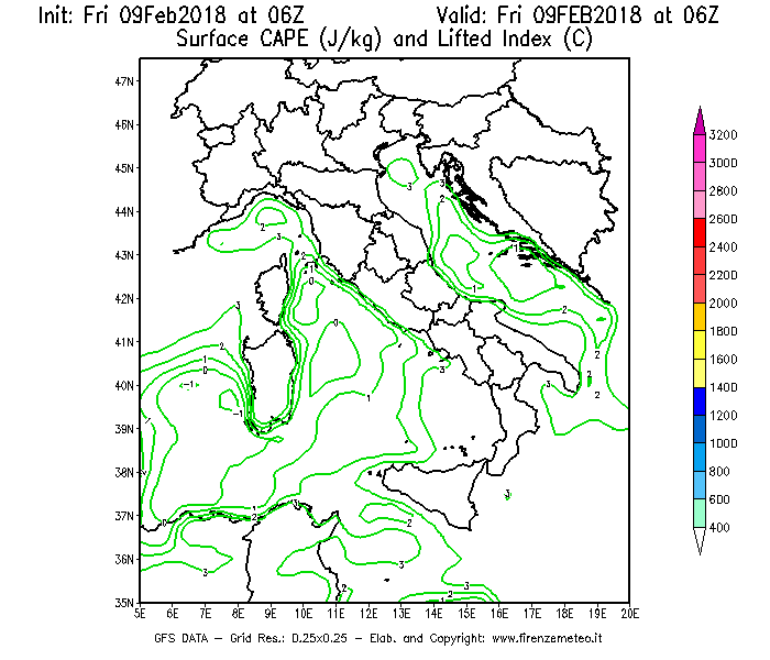 Mappa di analisi GFS - CAPE [J/kg] e Lifted Index [°C] in Italia
							del 09/02/2018 06 <!--googleoff: index-->UTC<!--googleon: index-->