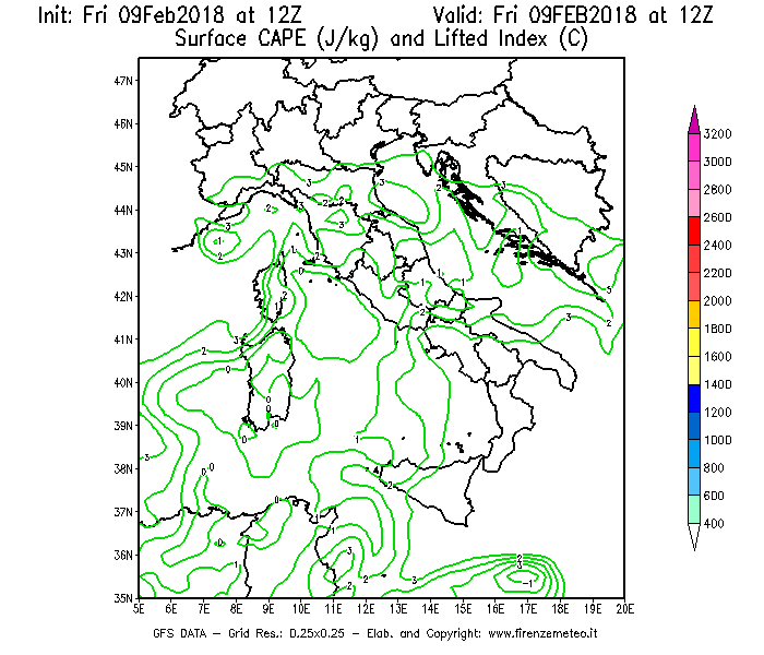 Mappa di analisi GFS - CAPE [J/kg] e Lifted Index [°C] in Italia
							del 09/02/2018 12 <!--googleoff: index-->UTC<!--googleon: index-->