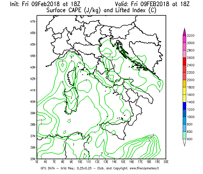 Mappa di analisi GFS - CAPE [J/kg] e Lifted Index [°C] in Italia
							del 09/02/2018 18 <!--googleoff: index-->UTC<!--googleon: index-->
