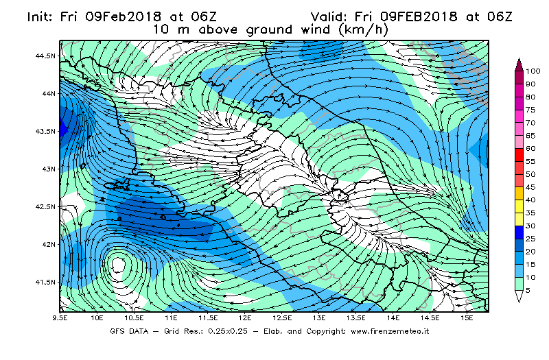 Mappa di analisi GFS - Velocità del vento a 10 metri dal suolo [km/h] in Centro-Italia
							del 09/02/2018 06 <!--googleoff: index-->UTC<!--googleon: index-->