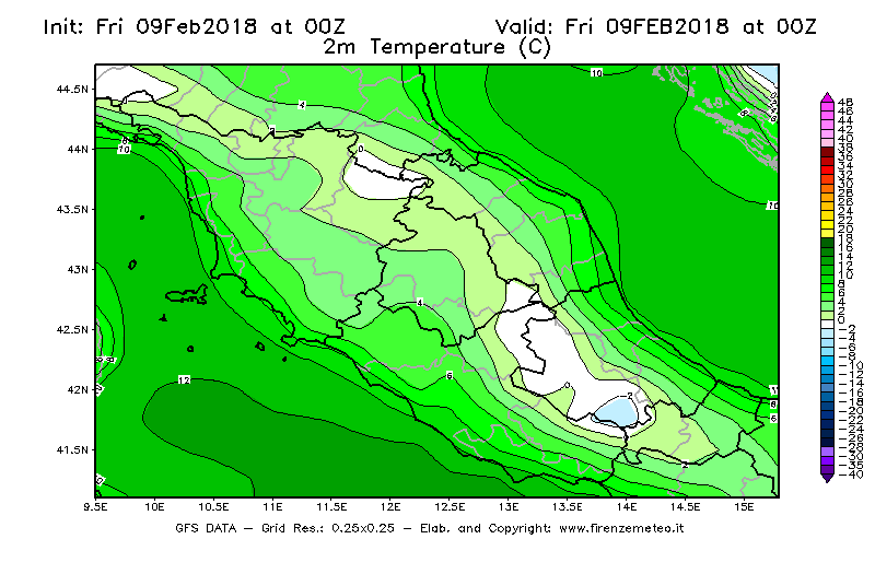 Mappa di analisi GFS - Temperatura a 2 metri dal suolo [°C] in Centro-Italia
							del 09/02/2018 00 <!--googleoff: index-->UTC<!--googleon: index-->