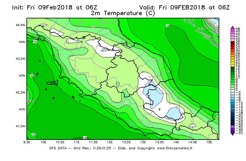 Mappa di analisi GFS - Temperatura a 2 metri dal suolo [°C] in Centro-Italia
							del 09/02/2018 06 <!--googleoff: index-->UTC<!--googleon: index-->