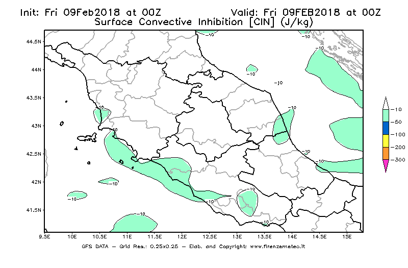 Mappa di analisi GFS - CIN [J/kg] in Centro-Italia
							del 09/02/2018 00 <!--googleoff: index-->UTC<!--googleon: index-->