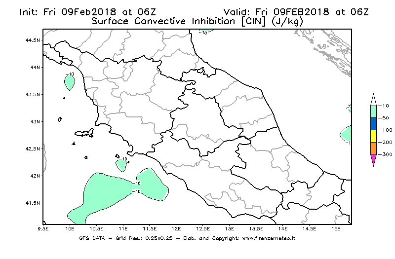Mappa di analisi GFS - CIN [J/kg] in Centro-Italia
							del 09/02/2018 06 <!--googleoff: index-->UTC<!--googleon: index-->