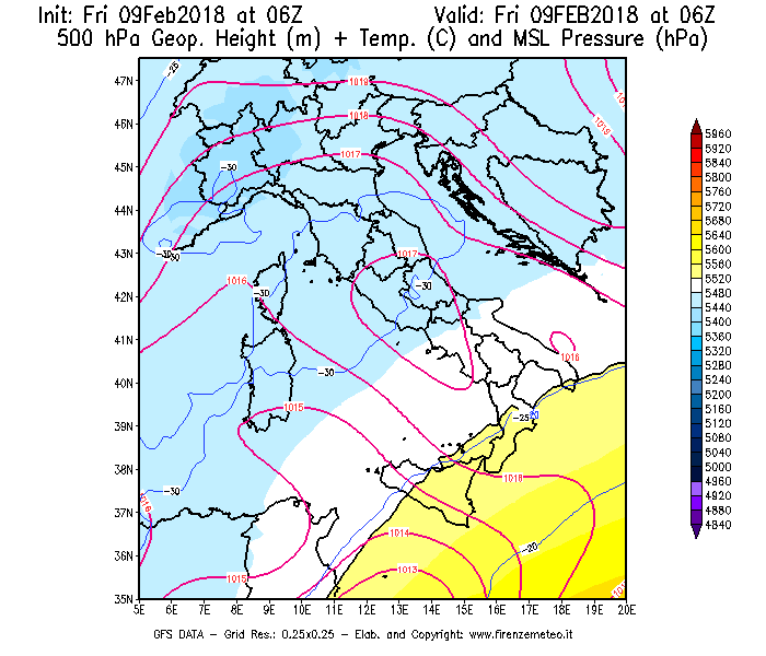 Mappa di analisi GFS - Geopotenziale [m] + Temp. [°C] a 500 hPa + Press. a livello del mare [hPa] in Italia
							del 09/02/2018 06 <!--googleoff: index-->UTC<!--googleon: index-->