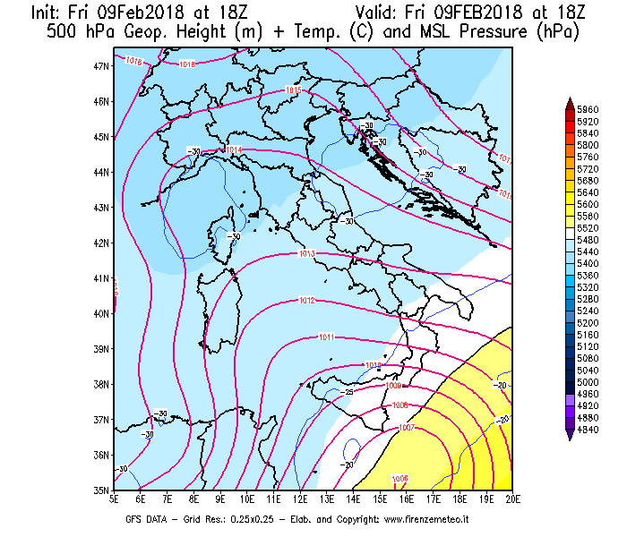 Mappa di analisi GFS - Geopotenziale [m] + Temp. [°C] a 500 hPa + Press. a livello del mare [hPa] in Italia
							del 09/02/2018 18 <!--googleoff: index-->UTC<!--googleon: index-->