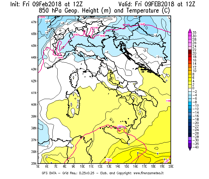 Mappa di analisi GFS - Geopotenziale [m] e Temperatura [°C] a 850 hPa in Italia
							del 09/02/2018 12 <!--googleoff: index-->UTC<!--googleon: index-->