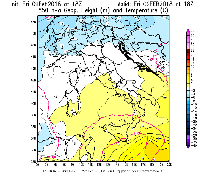 Mappa di analisi GFS - Geopotenziale [m] e Temperatura [°C] a 850 hPa in Italia
							del 09/02/2018 18 <!--googleoff: index-->UTC<!--googleon: index-->