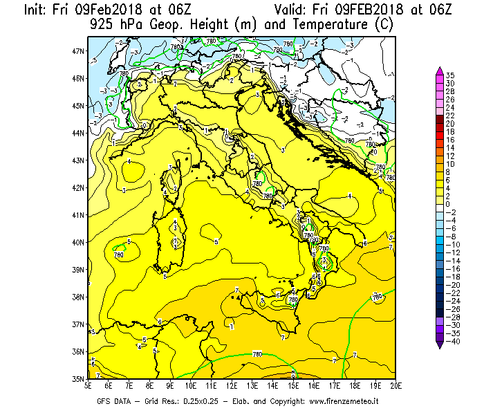 Mappa di analisi GFS - Geopotenziale [m] e Temperatura [°C] a 925 hPa in Italia
							del 09/02/2018 06 <!--googleoff: index-->UTC<!--googleon: index-->