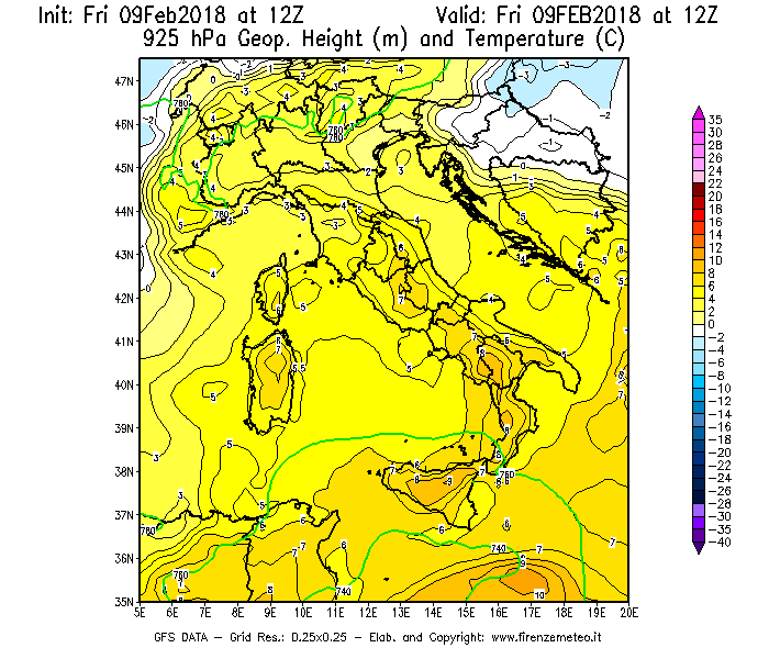 Mappa di analisi GFS - Geopotenziale [m] e Temperatura [°C] a 925 hPa in Italia
							del 09/02/2018 12 <!--googleoff: index-->UTC<!--googleon: index-->